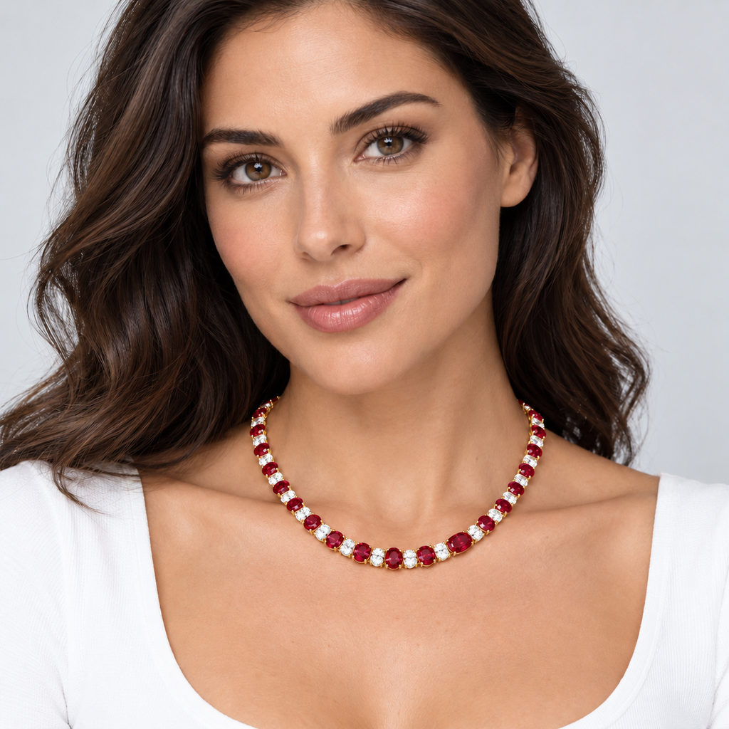 Lab ruby and diamond graduated necklace in 14k yellow gold - worn on model