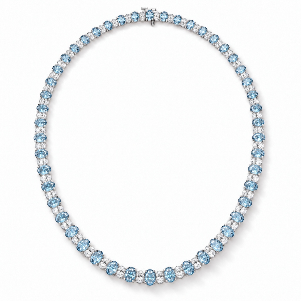 Lab aquamarine and diamond graduated necklace in 14k white gold - full necklace