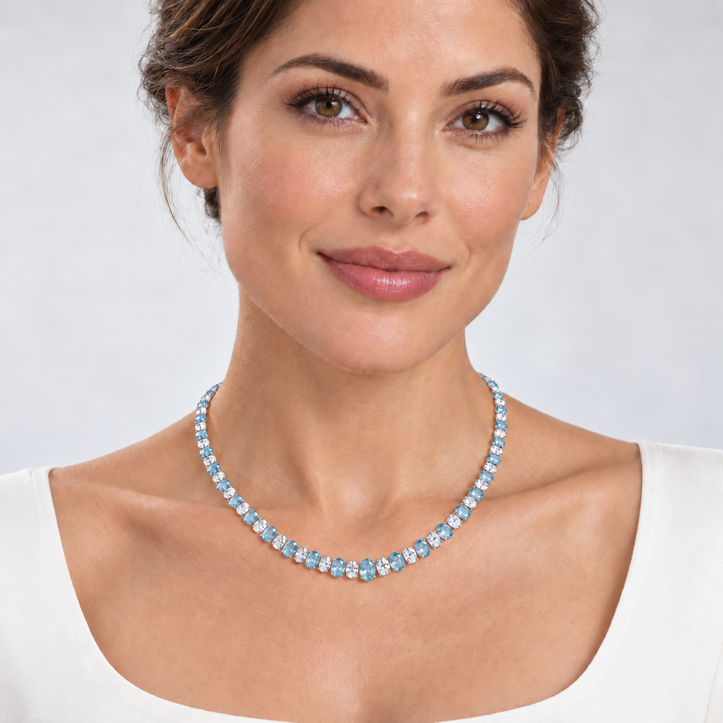Lab aquamarine and diamond graduated necklace in 14k white gold - worn on model