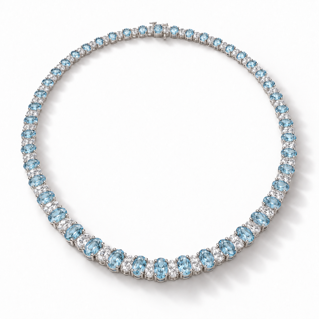 Lab aquamarine and diamond graduated necklace in 14k white gold - angled view