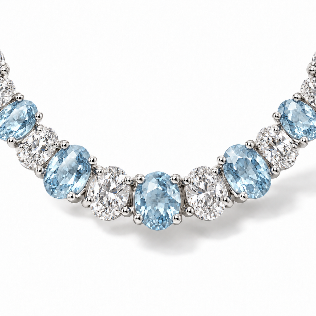 Lab aquamarine and diamond graduated necklace in 14k white gold - stone and setting close-up