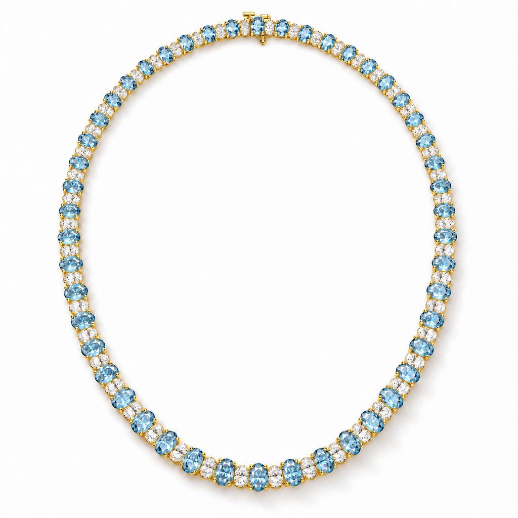 Lab aquamarine and diamond graduated necklace in 14k yellow gold - full necklace
