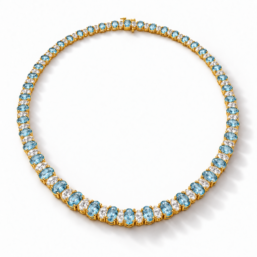 Lab aquamarine and diamond graduated necklace in 14k yellow gold - angled view
