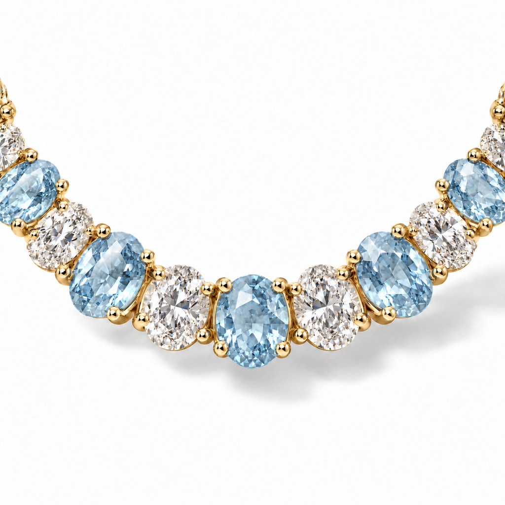 Lab aquamarine and diamond graduated necklace in 14k yellow gold - stone and setting close-up