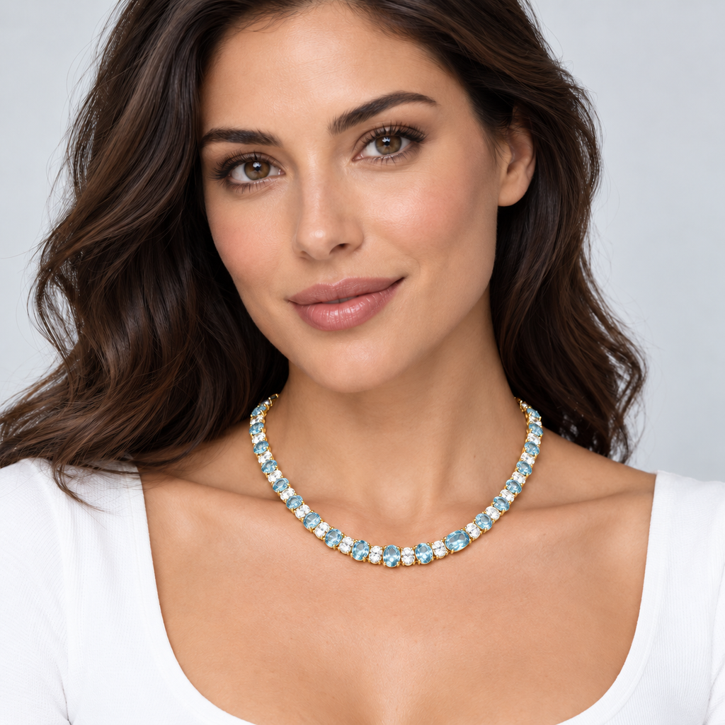 Lab aquamarine and diamond graduated necklace in 14k yellow gold - worn on model