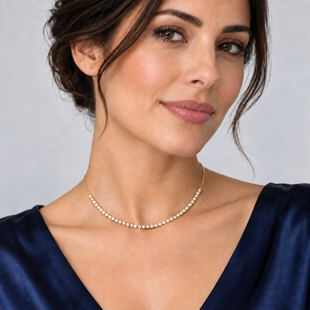 3.00ctw lab-grown diamond adjustable choker Tennis Necklace in 14k yellow gold - worn on model