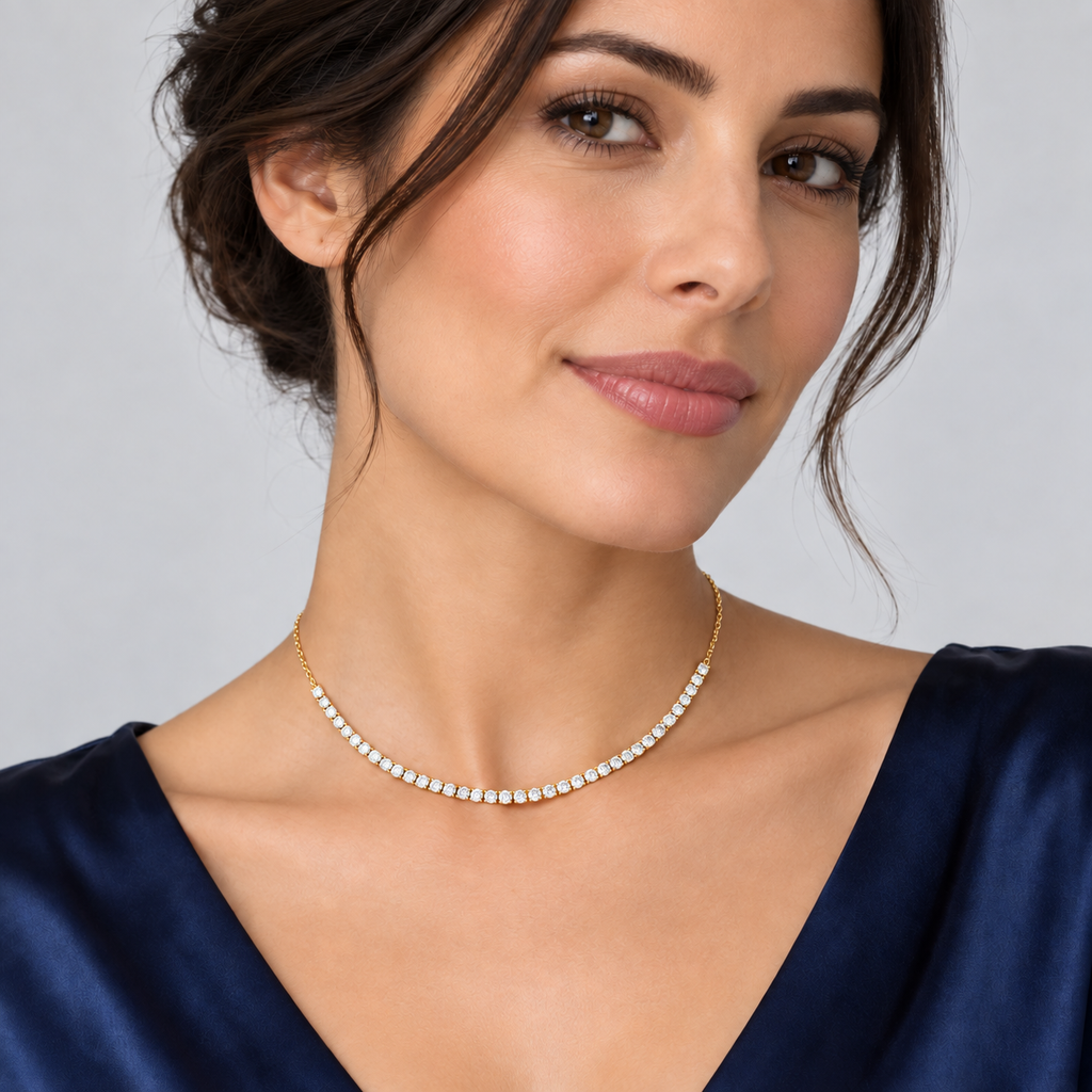 5.00ctw lab-grown diamond adjustable choker Tennis Necklace in 14k yellow gold - worn on model