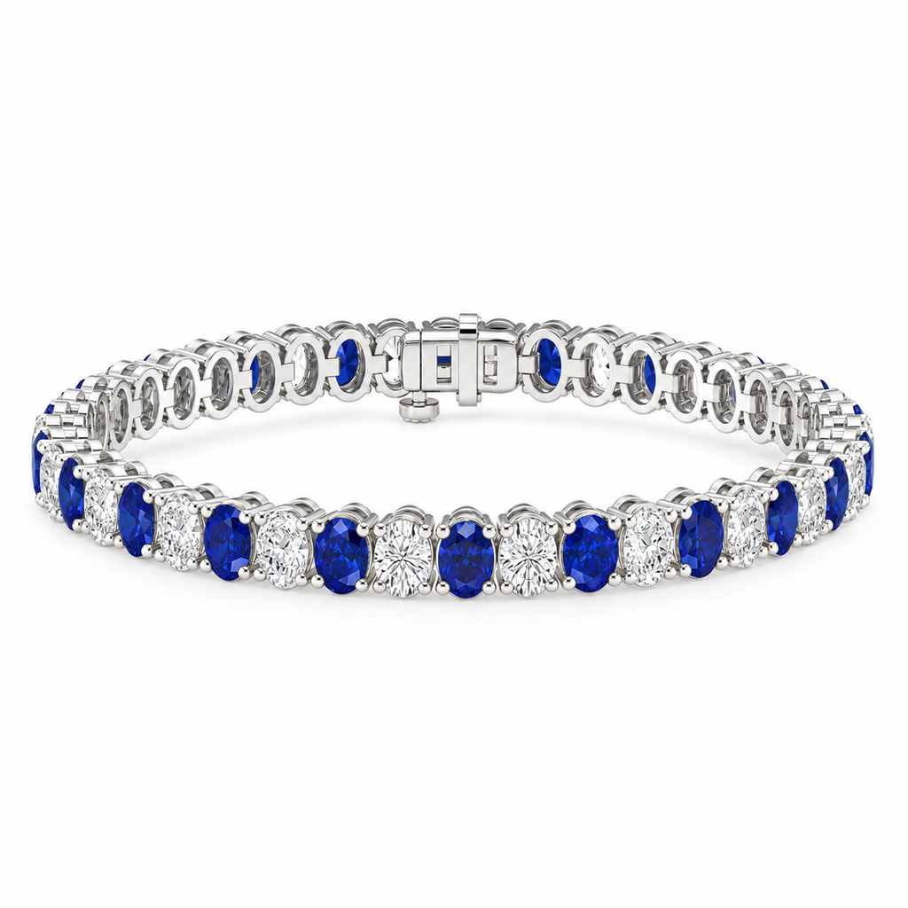 Blue Sapphire and diamond tennis bracelet 6.00ctw diamonds in 14k white gold - angle