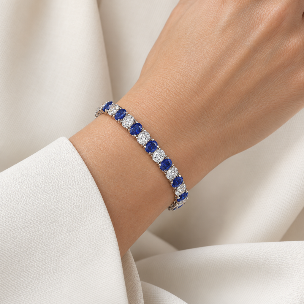 Blue Sapphire and diamond tennis bracelet 6.00ctw diamonds in 14k white gold - worn on wrist