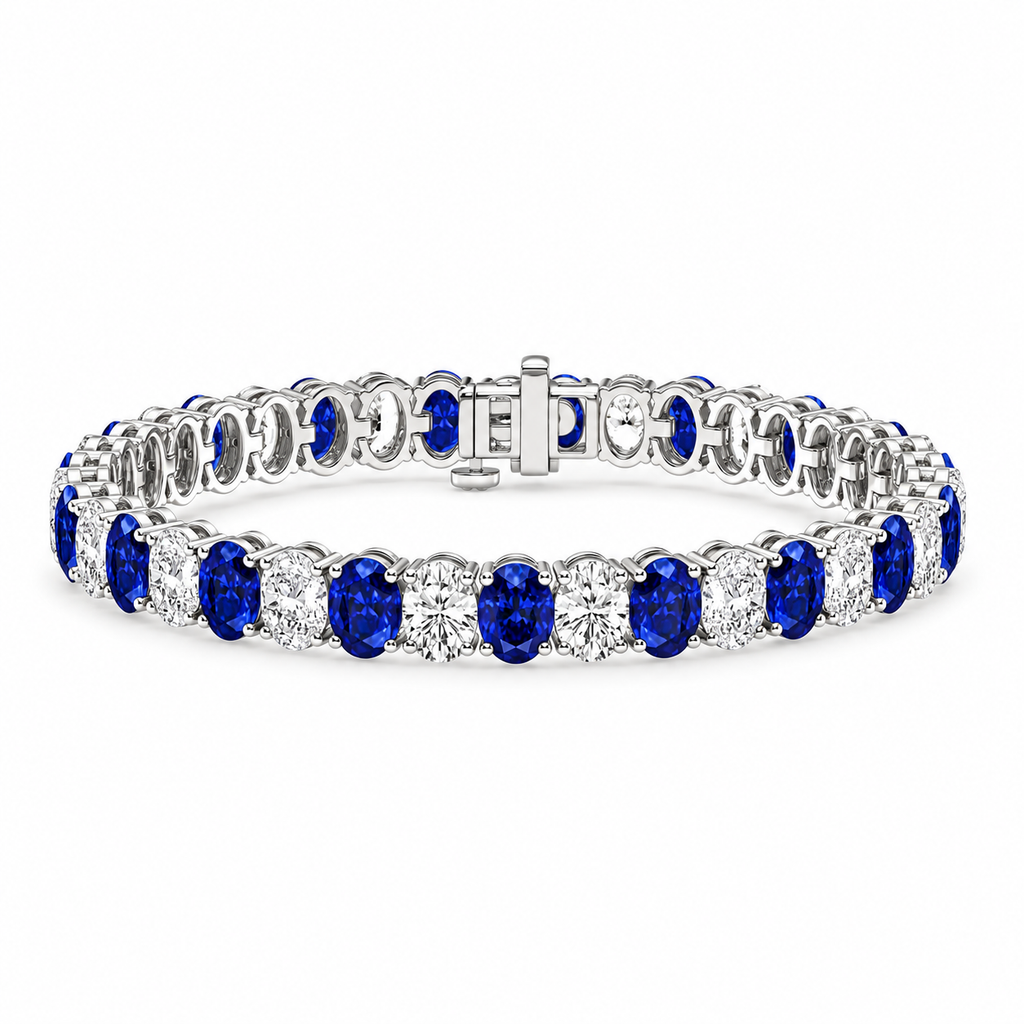 Blue Sapphire and diamond tennis bracelet 7.46ctw diamonds in 14k white gold - angle
