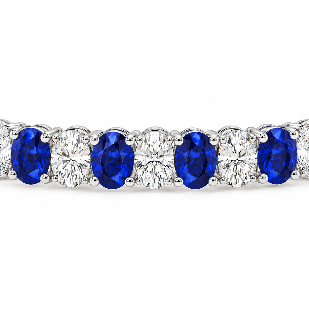 Blue Sapphire and diamond tennis bracelet 7.46ctw diamonds in 14k white gold - detail