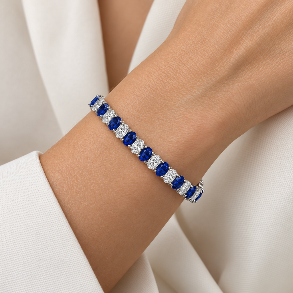 Blue Sapphire and diamond tennis bracelet 7.46ctw diamonds in 14k white gold - worn on wrist