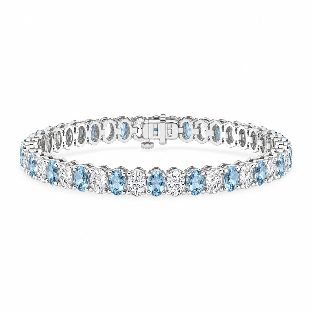 Aquamarine and diamond tennis bracelet 6.00ctw diamonds in 14k white gold - angle