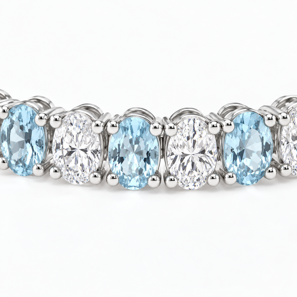 Aquamarine and diamond tennis bracelet 6.00ctw diamonds in 14k white gold - detail