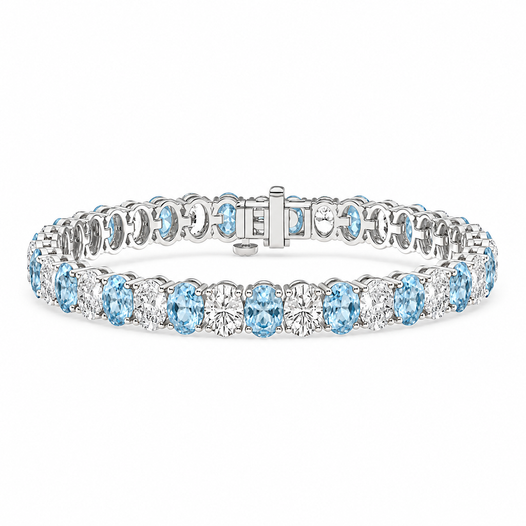 Aquamarine and diamond tennis bracelet 7.46ctw diamonds in 14k white gold - angle