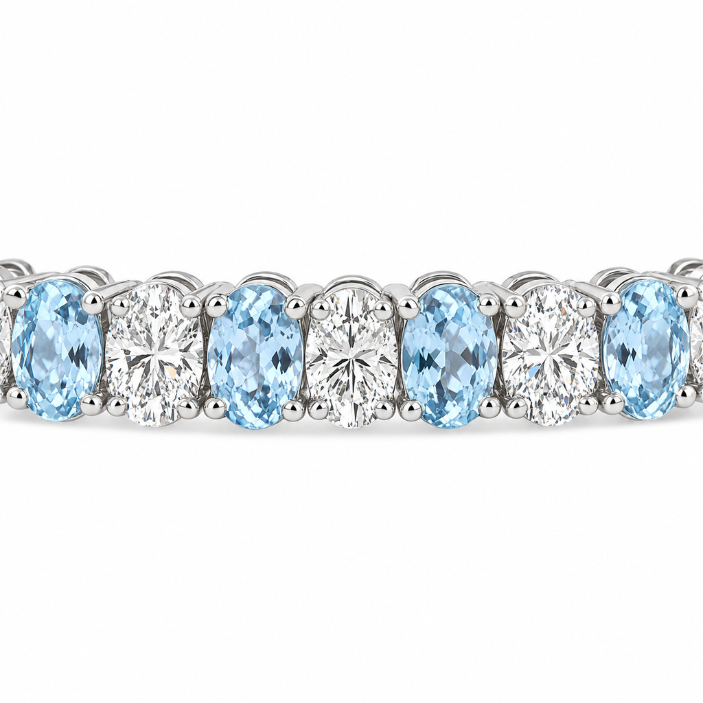 Aquamarine and diamond tennis bracelet 7.46ctw diamonds in 14k white gold - detail