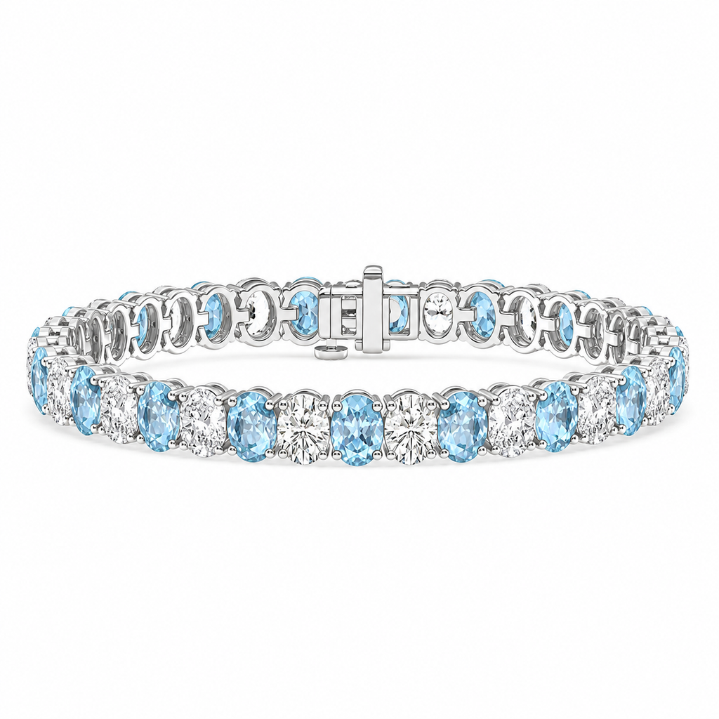 Aquamarine and diamond tennis bracelet 7.46ctw diamonds in 14k white gold - hero