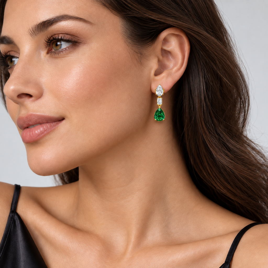 Pear Lab Grown Emerald & Diamond Drop Earrings 14k Yellow Gold — on model, scaled to 1.20 inches long and 0.33 inches wide