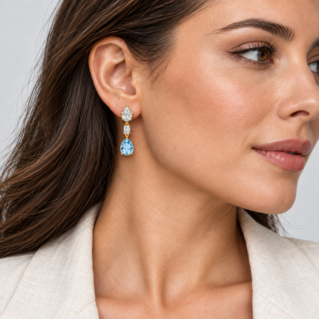 Pear Lab Grown Aquamarine & Diamond Drop Earrings 14k Yellow Gold (6.70ctw) on model, scaled to 1.20 inches by 0.33 inches
