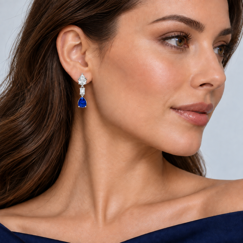 Pear Lab Grown Blue Sapphire & Diamond Drop Earrings 14k White Gold — on model, scaled to 1.20 inches long and 0.33 inches wide