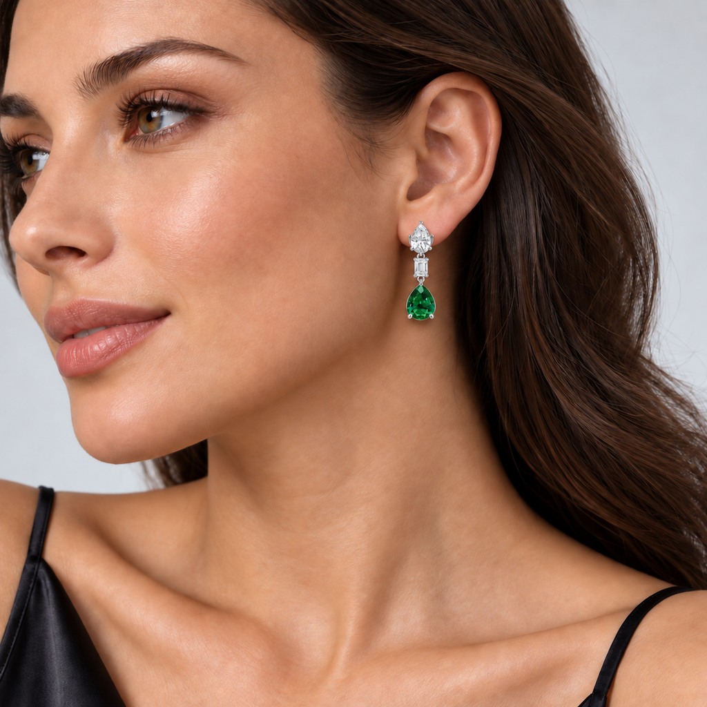 Pear Lab Grown Emerald & Diamond Drop Earrings 14k White Gold — on model, scaled to 1.20 inches long and 0.33 inches wide