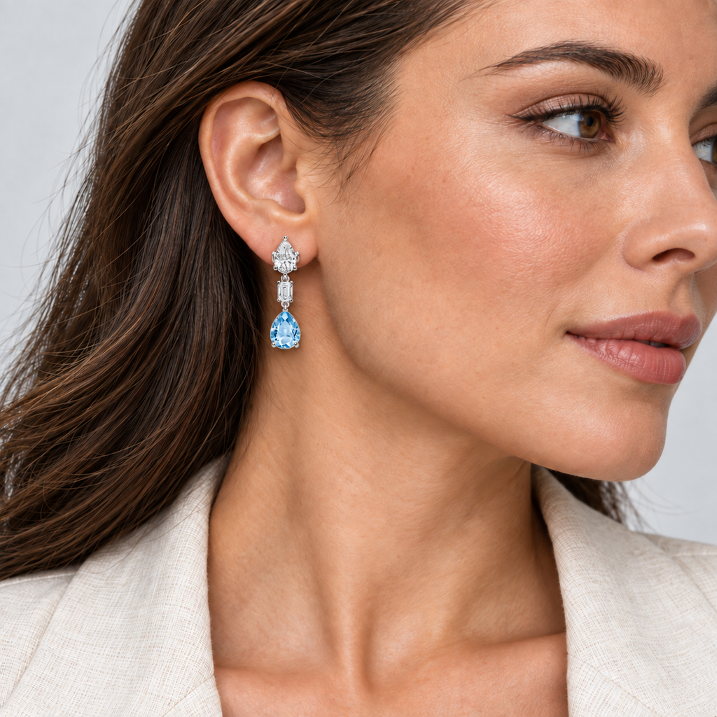 Pear Lab Grown Aquamarine & Diamond Drop Earrings 14k White Gold — on model, scaled to 1.20 inches long and 0.33 inches wide