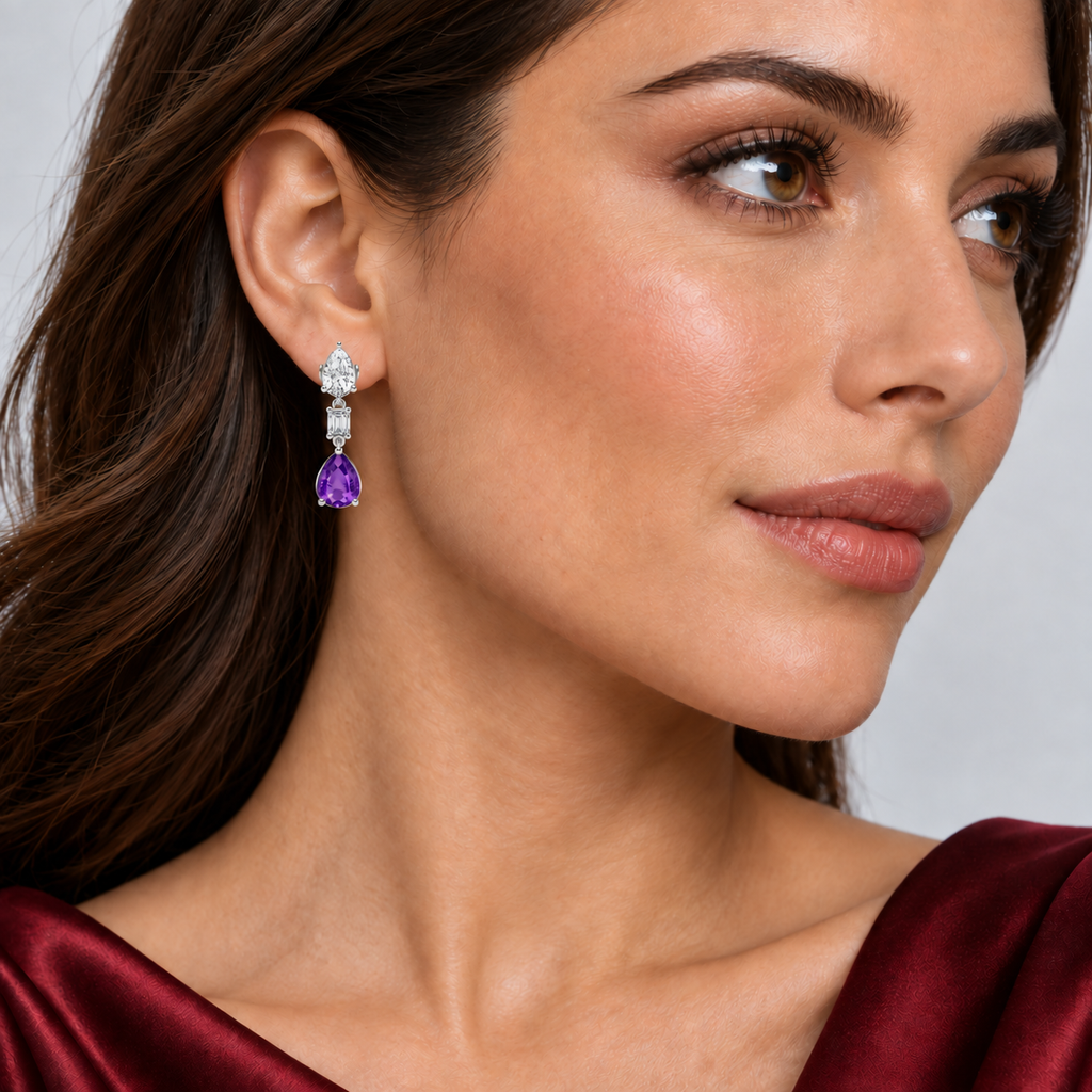Pear Lab Grown Amethyst & Diamond Drop Earrings 14k White Gold — on model, scaled to 1.20 inches long and 0.33 inches wide