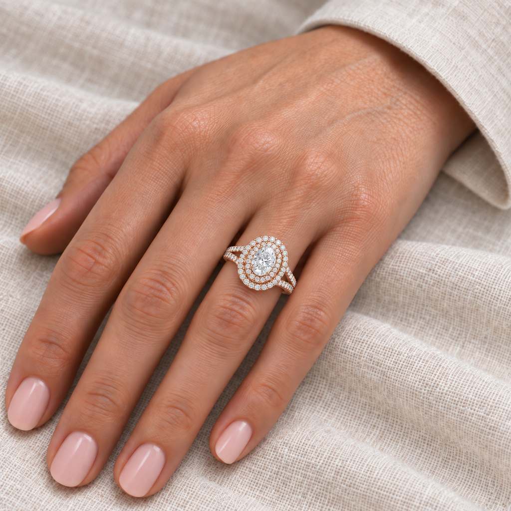 Double Halo Lab Diamond Engagement Ring 14K Rose Gold 1.34ctw — hand view