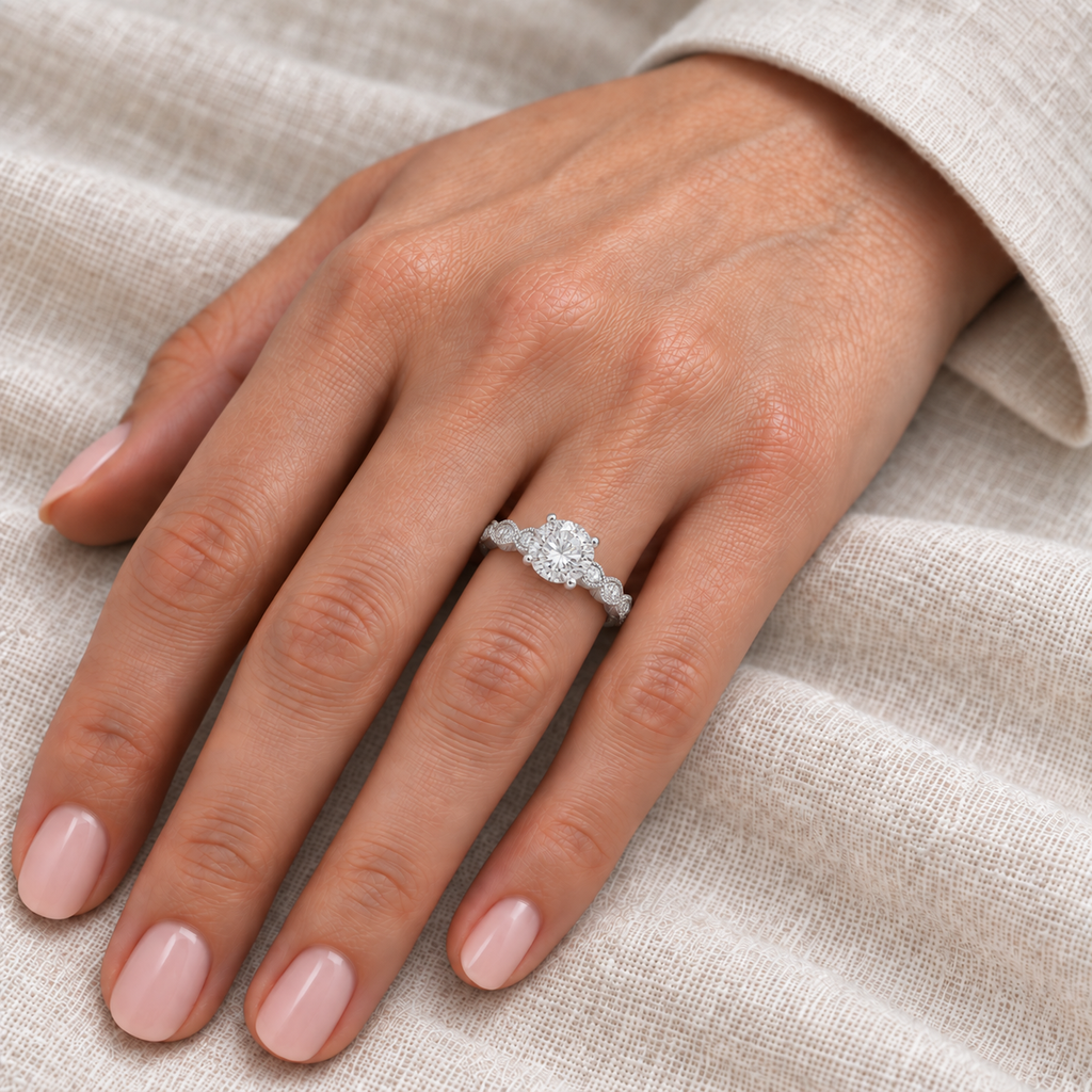 Petite Antique-Design Lab Diamond Engagement Ring 14k White Gold (2.00ct) — hand view