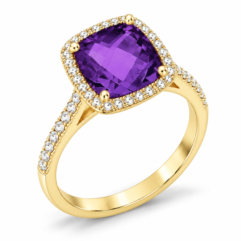 Cushion-Cut Amethyst & Diamond Cocktail Ring 14k Yellow Gold (3.70ct) — three-quarter side angle
