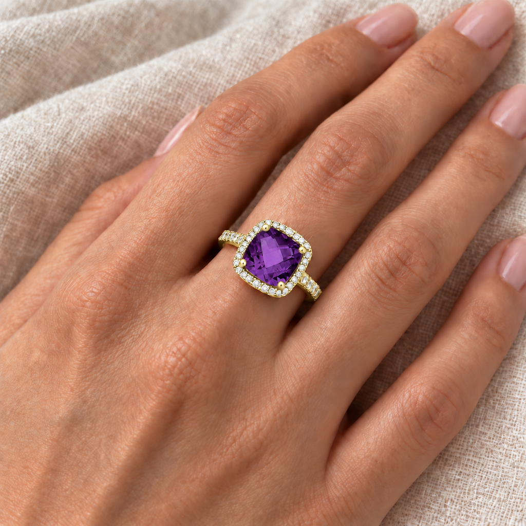 Cushion-Cut Amethyst & Diamond Cocktail Ring 14k Yellow Gold (3.70ct) — close-up model view