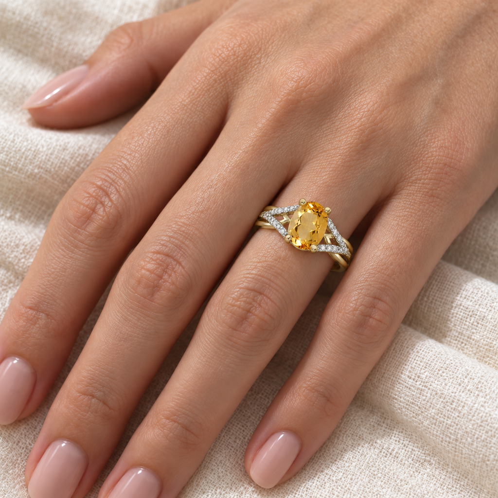 Oval Citrine and Diamond Cocktail Ring 14K Yellow Gold (1.20tcw) — ivory linen close-up