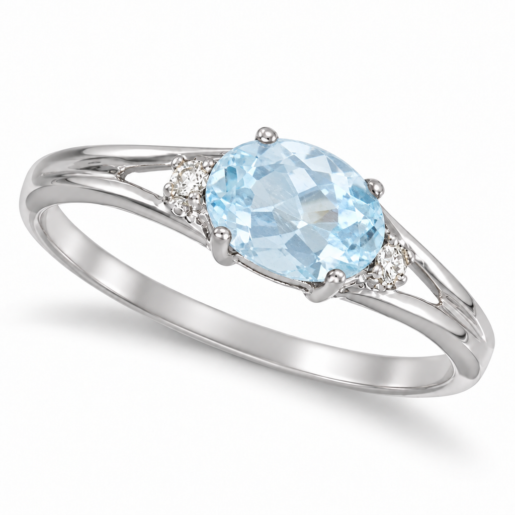 Oval Aquamarine & Diamond Right-Hand Ring 14K White Gold (0.40ct) - main