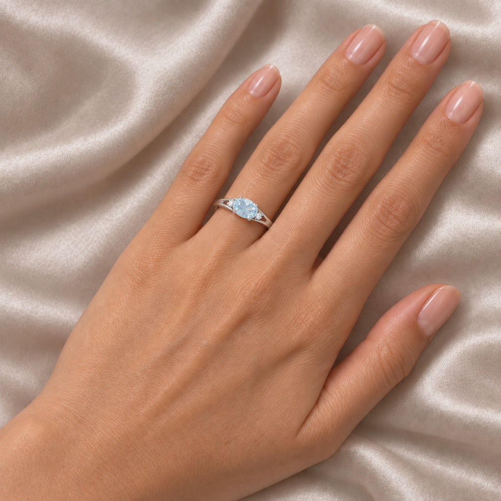 Oval Aquamarine & Diamond Right-Hand Ring 14K White Gold (0.40ct) - model2