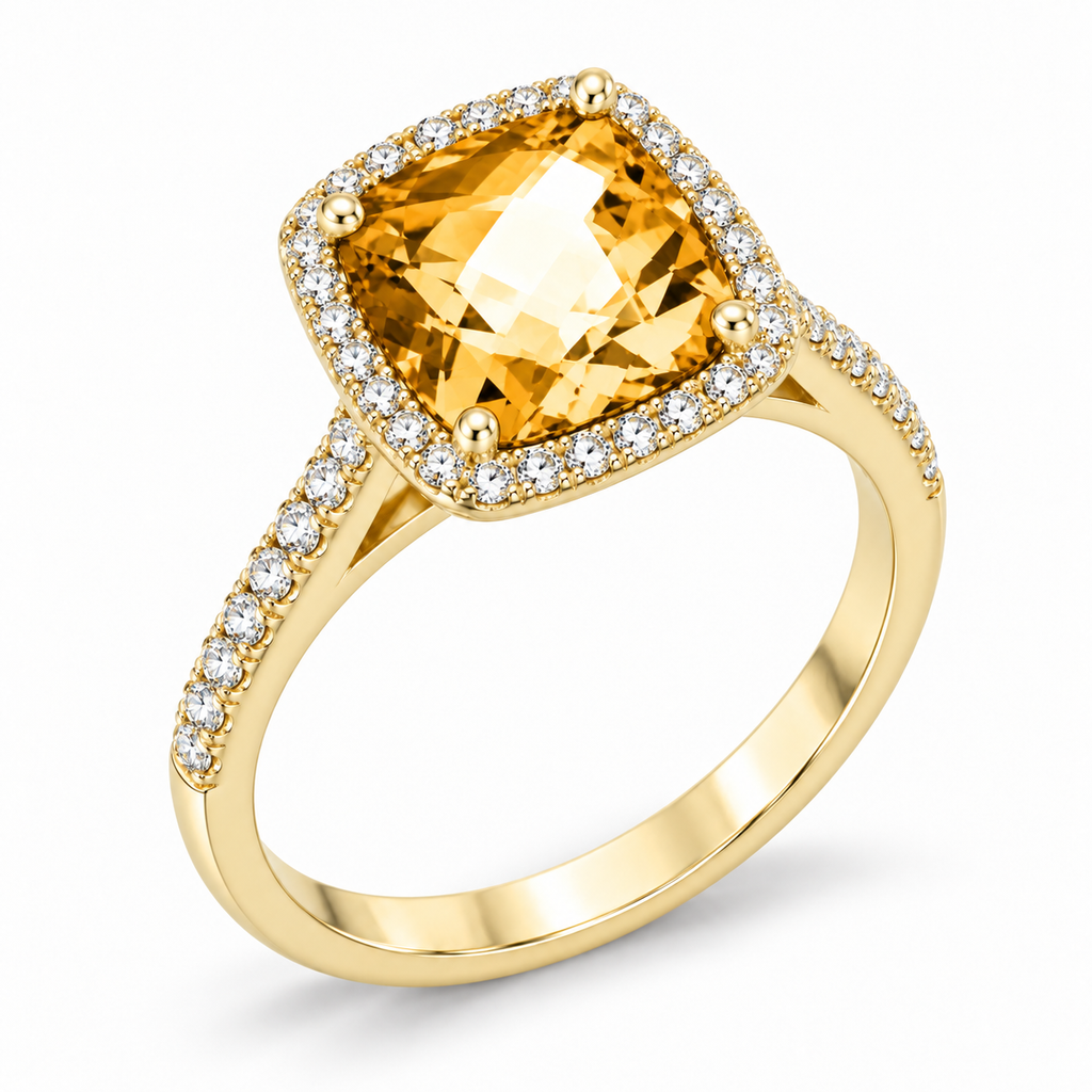 Cushion Cut Citrine & Diamond Cocktail Ring 14k Yellow Gold (3.70ct) — three-quarter side angle