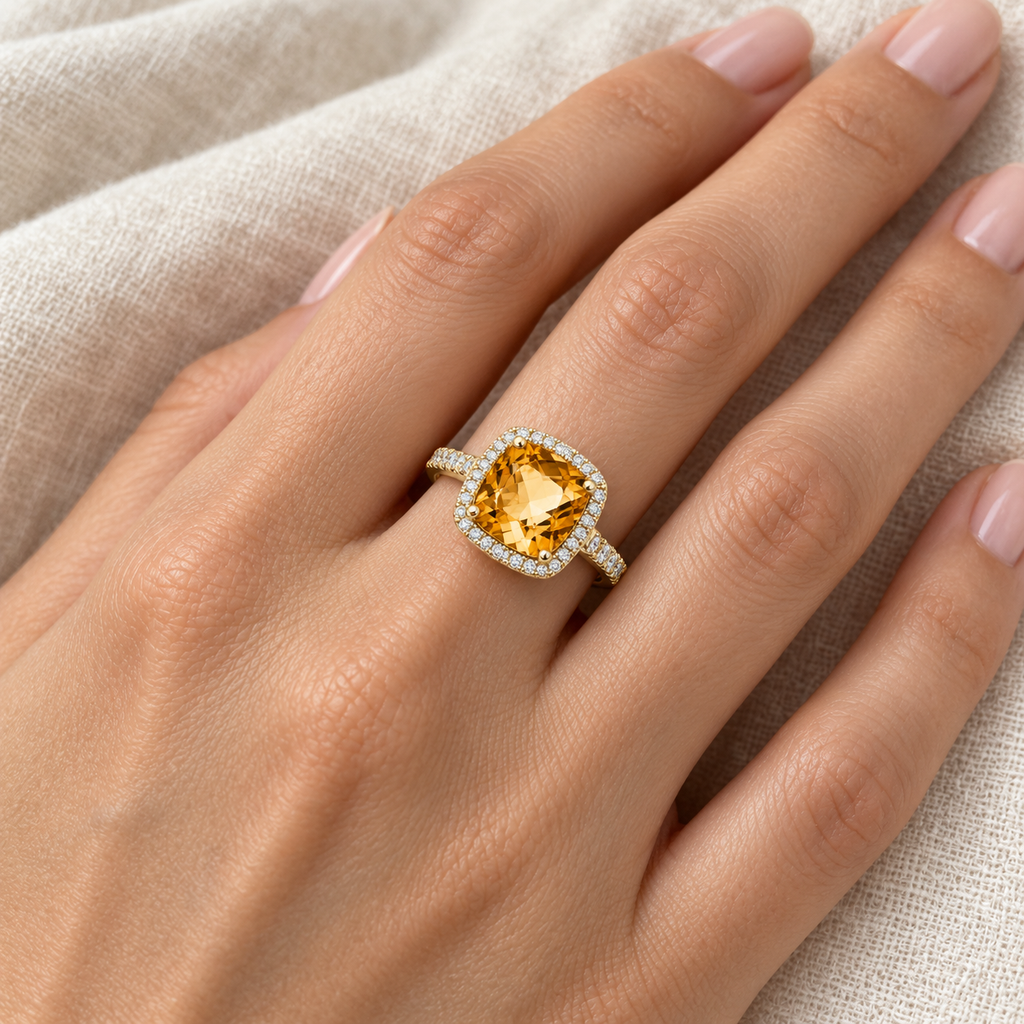 Cushion Cut Citrine & Diamond Cocktail Ring 14k Yellow Gold (3.70ct) — worn on hand