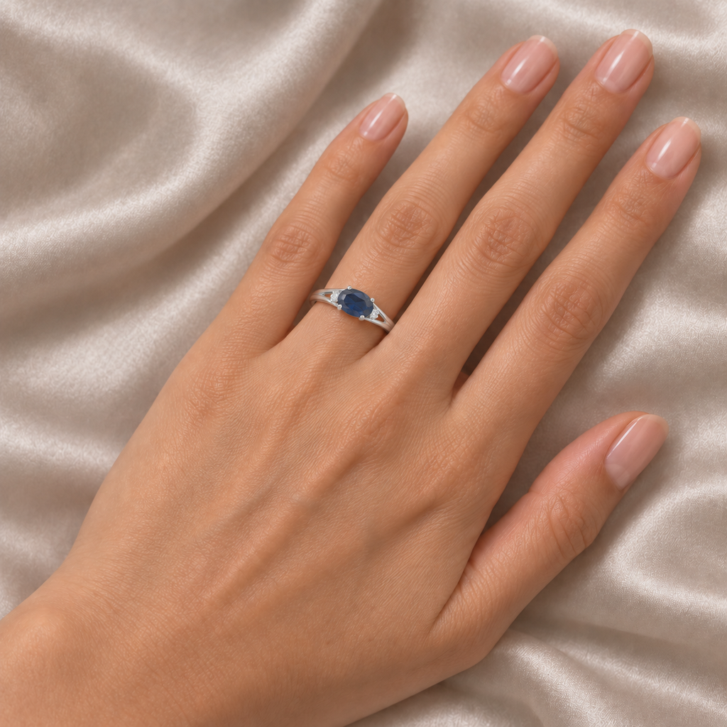 Oval Blue Sapphire & Diamond Right-Hand Ring 14K White Gold (0.55ct) - model2