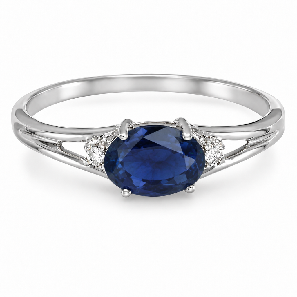 Oval Blue Sapphire & Diamond Right-Hand Ring 14K White Gold (0.55ct) - side