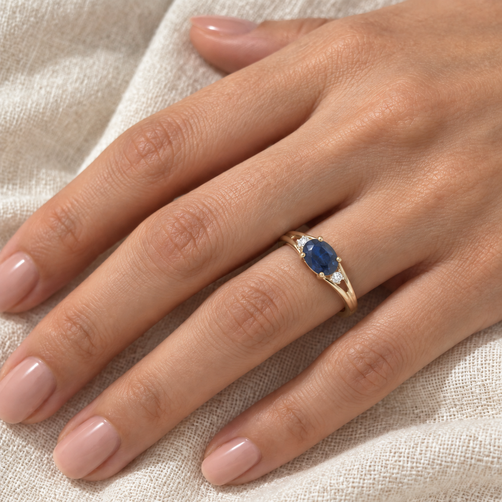 Oval Blue Sapphire & Diamond Right-Hand Ring 14K Yellow Gold (0.55ct) - model
