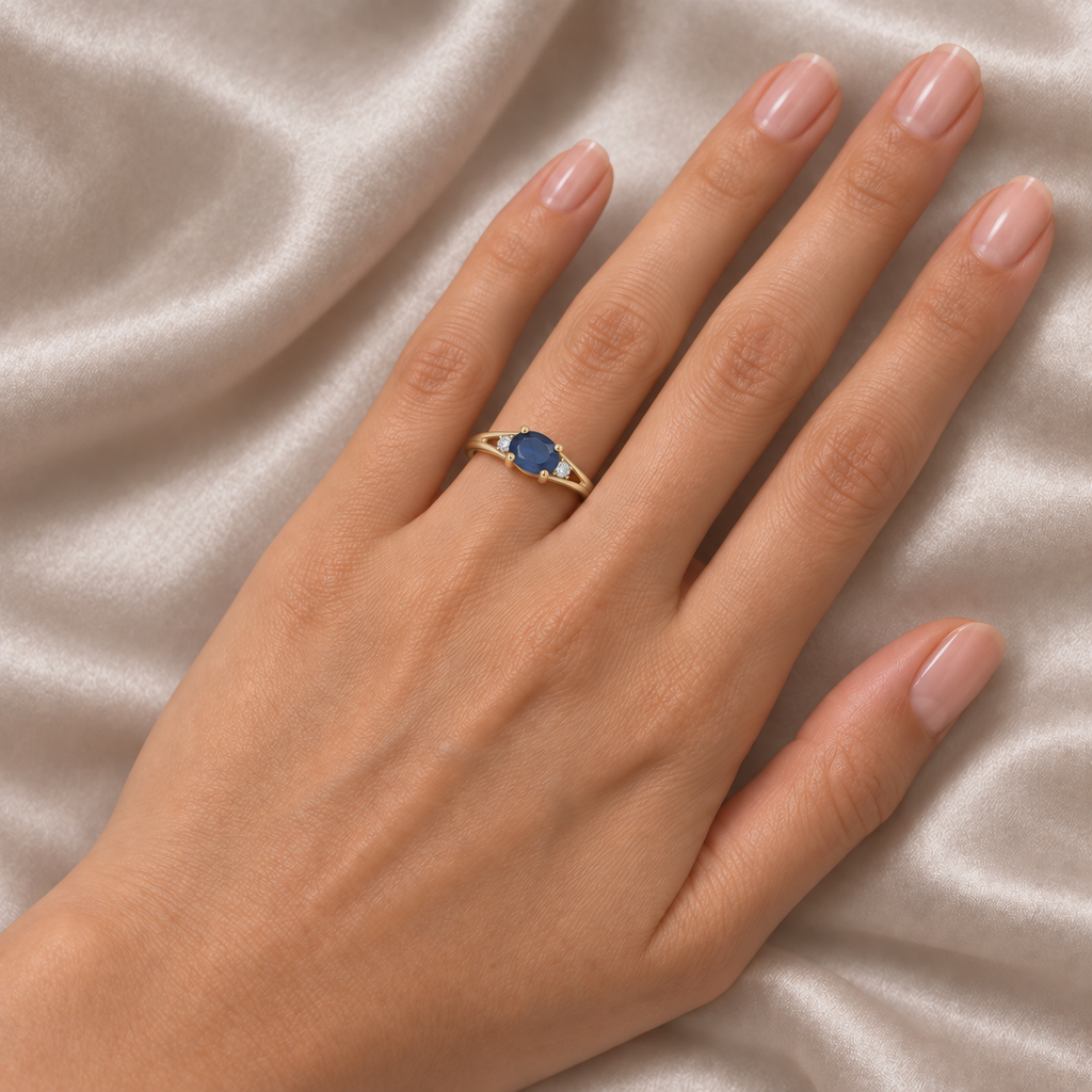 Oval Blue Sapphire & Diamond Right-Hand Ring 14K Yellow Gold (0.55ct) - model2