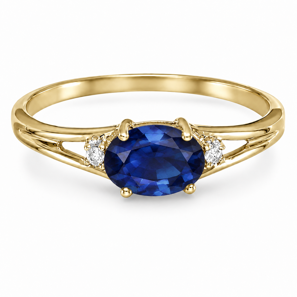 Oval Blue Sapphire & Diamond Right-Hand Ring 14K Yellow Gold (0.55ct) - side