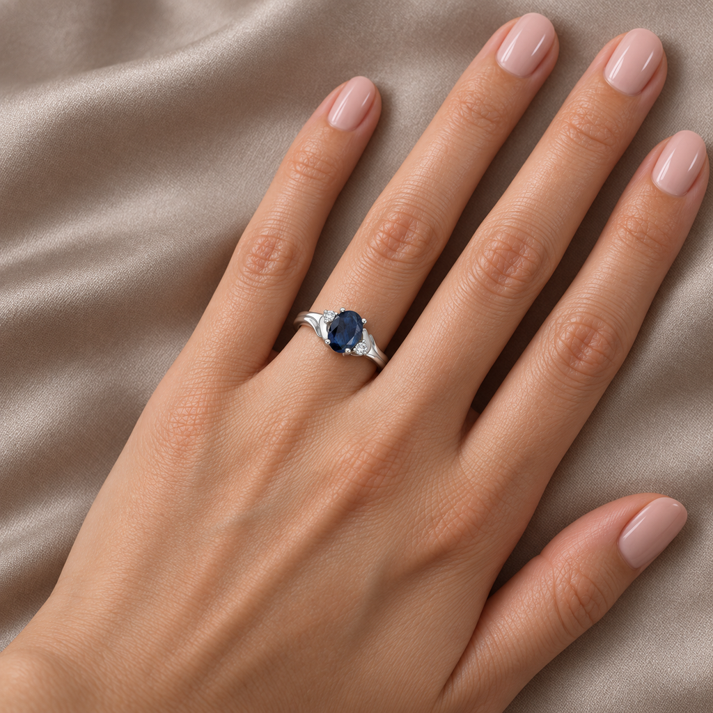 Oval Blue Sapphire and Diamond Ring in 14K White Gold (0.95ct) — worn at base of ring finger, second view
