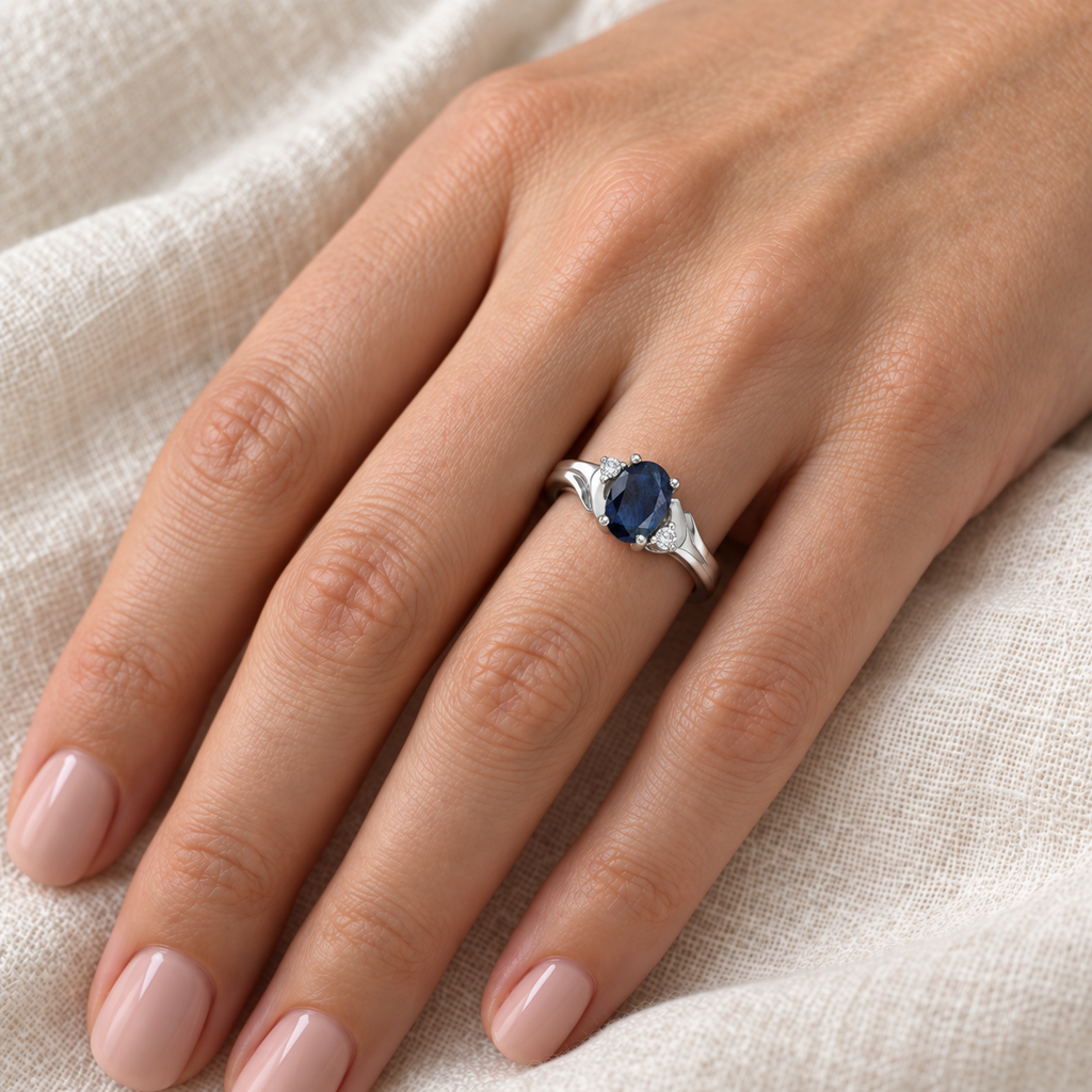 Oval Blue Sapphire and Diamond Ring in 14K White Gold (0.95ct) — worn on hand