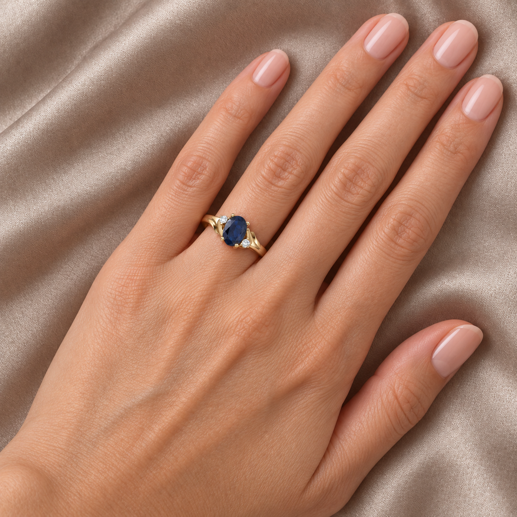 Oval Blue Sapphire and Diamond Ring in 14K Yellow Gold (0.95ct) — worn at base of ring finger, second view