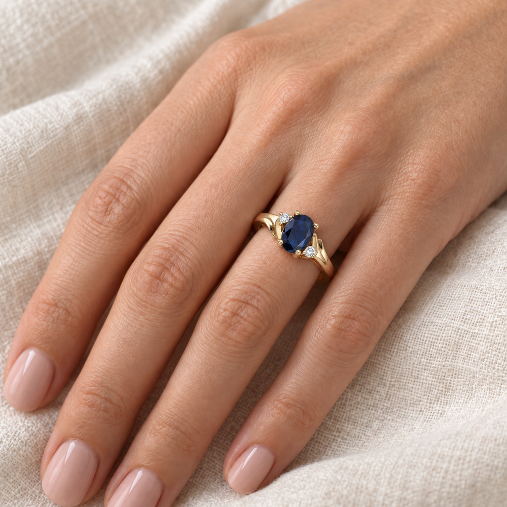 Oval Blue Sapphire and Diamond Ring in 14K Yellow Gold (0.95ct) — worn on hand