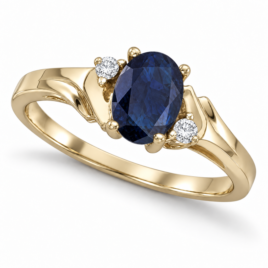 Oval Blue Sapphire and Diamond Ring in 14K Yellow Gold (0.95ct) — three-quarter product view