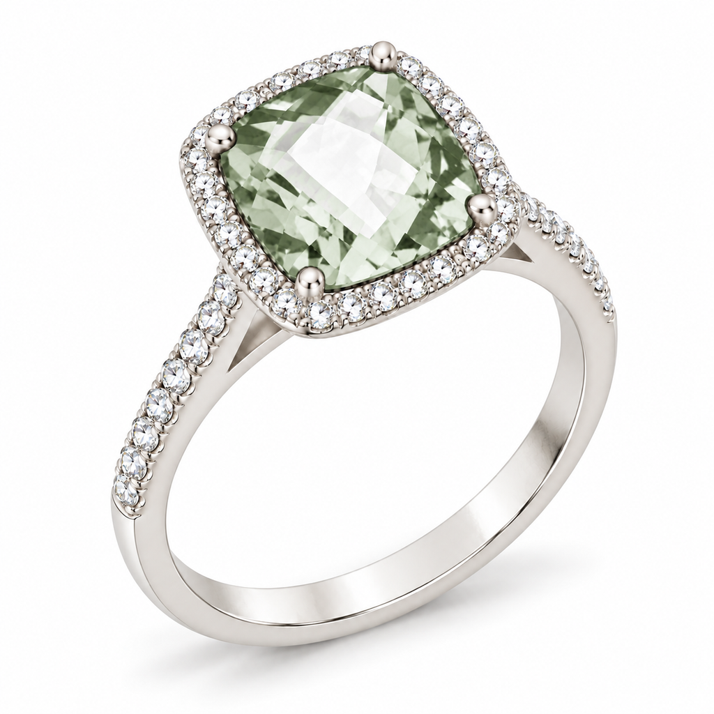Cushion Green Amethyst & Diamond Cocktail Ring 14k White Gold (3.70ct) — three-quarter side angle
