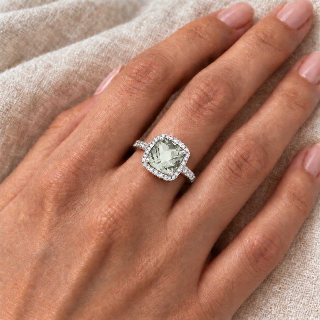 Cushion Green Amethyst & Diamond Cocktail Ring 14k White Gold (3.70ct) — close-up model view