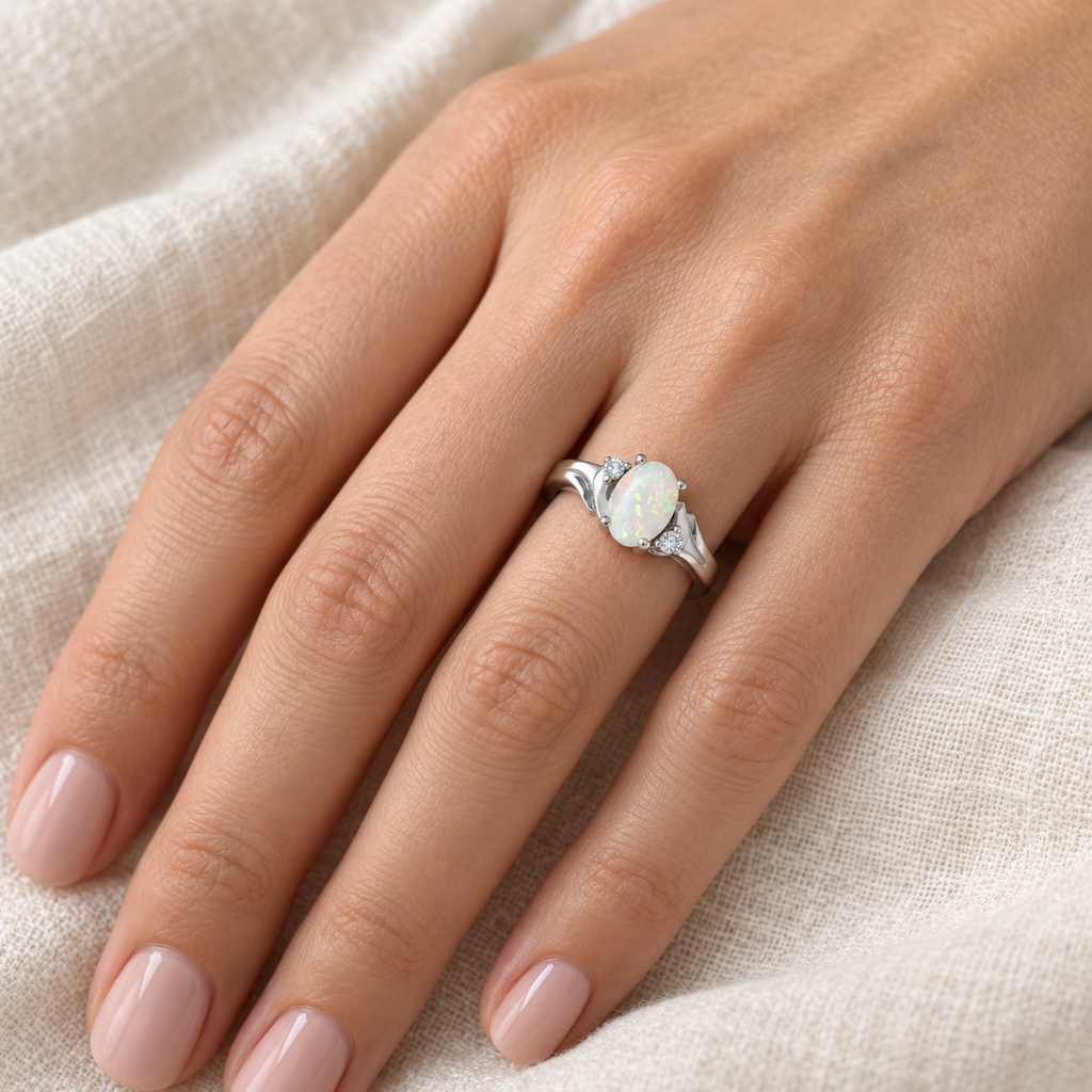 Oval Opal and Diamond Ring in 14K White Gold (0.46ct) — worn on hand
