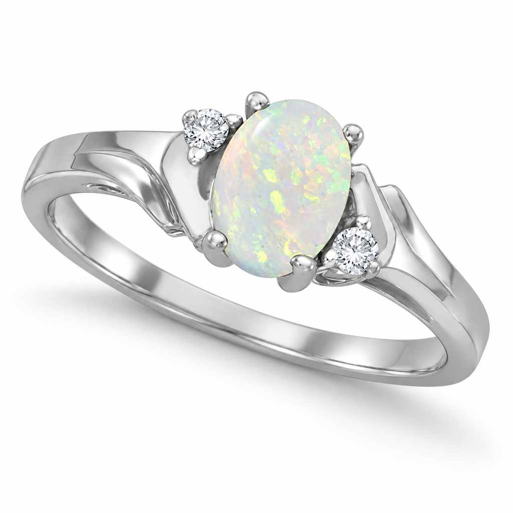 Oval Opal and Diamond Ring in 14K White Gold (0.46ct) — three-quarter product view
